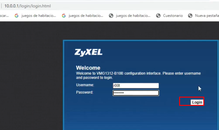 usuario y contraseña ZyXEL